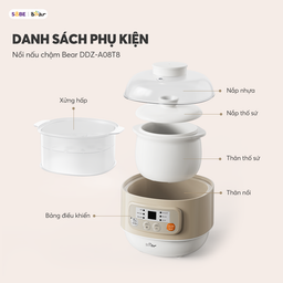 Nồi nấu chậm đa năng Bear dung tích 0,8l DDZ-A08T8, nấu cháo, chưng yến, hầm r…
