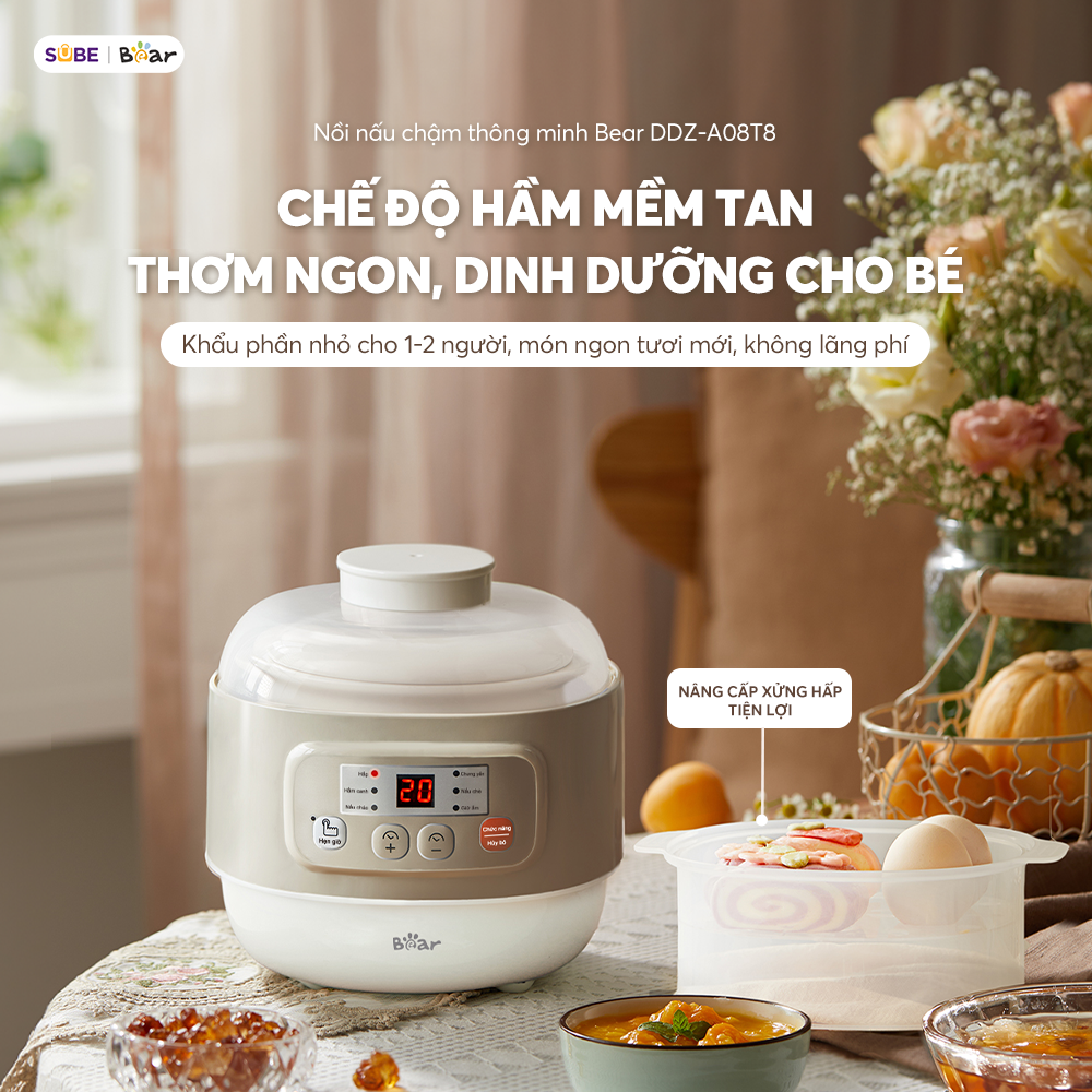 Nồi nấu chậm đa năng Bear dung tích 0,8l DDZ-A08T8, nấu cháo, chưng yến, hầm r…
