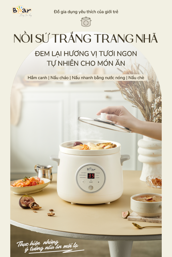 Nồi nấu chậm trực tiếp BEAR 1,5L SB-NNC15, nấu cháo, kho, hầm ninh đồ ăn, bản…