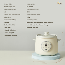 Nồi nấu chậm trực tiếp BEAR 1,5L SB-NNC15, nấu cháo, kho, hầm ninh đồ ăn, bản…