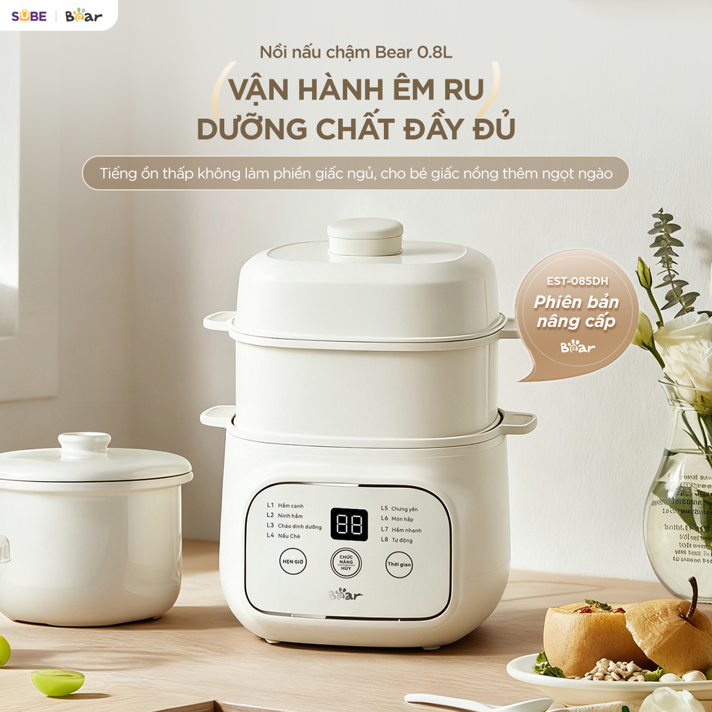 Nồi nấu chậm 0.8L Bear EST-085DH, nấu cách thuỷ, giữ vị ngọt của thực phẩm