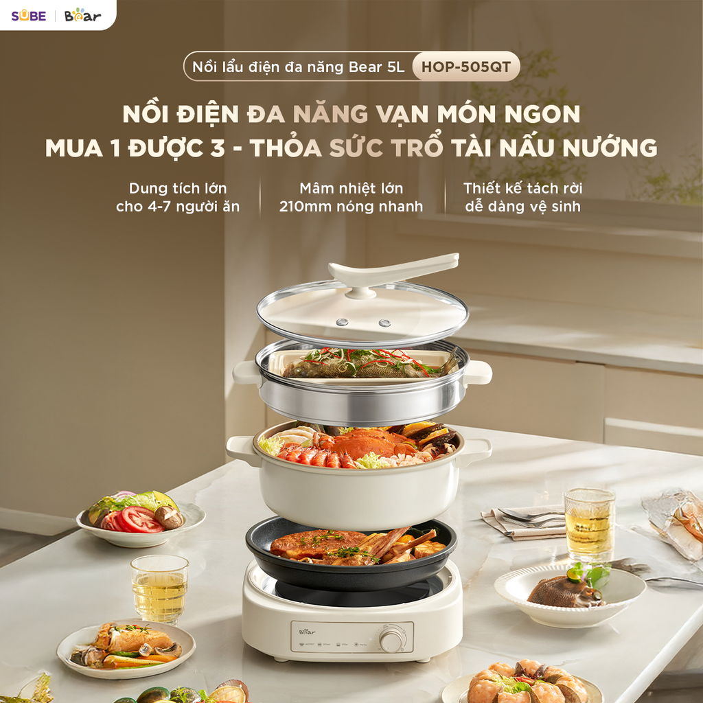 Nồi lẩu - nướng - hấp đa năng Bear 5L HOP-505QT Thiết Kế Tách Rời Nóng Nhanh