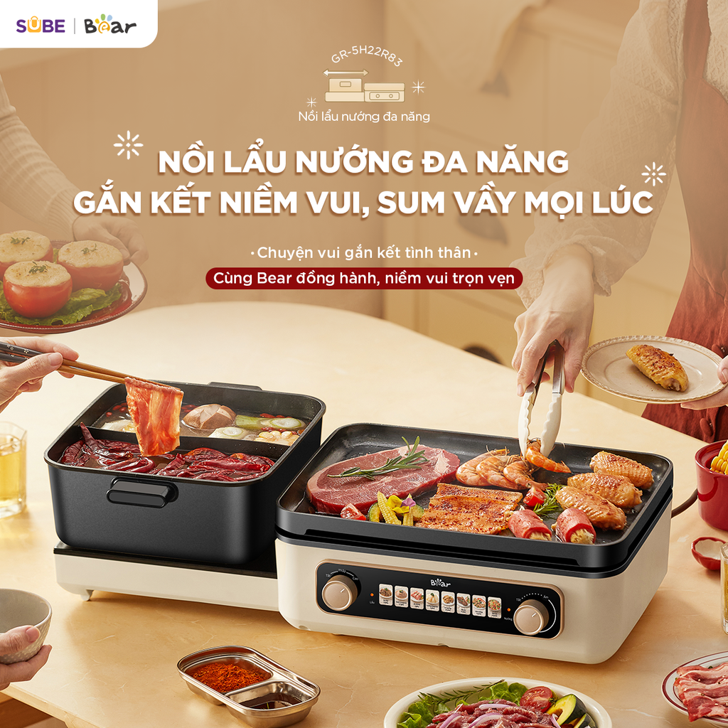 Nồi lẩu nướng đa năng Bear GR-5H22R83 thiết kế gấp gọn lẩu nướng 2 ngăn