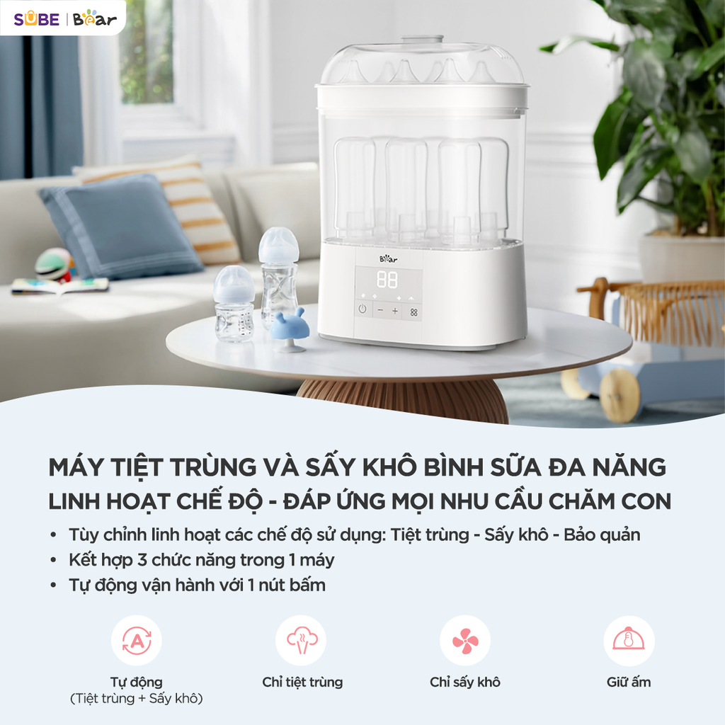 Máy Tiệt Trùng Bình Sữa Bear Tiệt Trùng Hơi Nước, Sấy Khô Bảo Quản 48 Giờ An T…