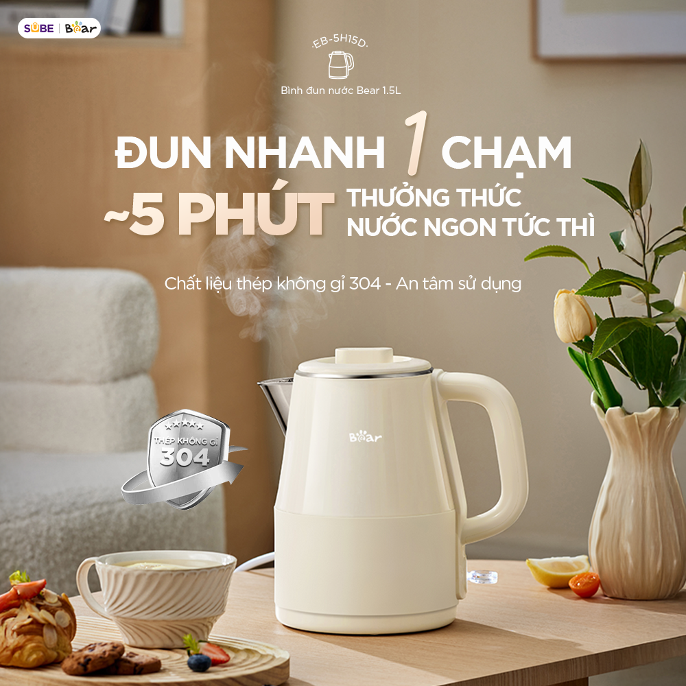 Ấm đun nước Bear, ấm siêu tốc Bear 1.5L EB-5H15D, công suất 1500W, sôi nhanh