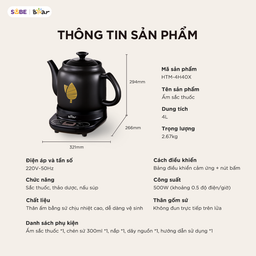Ấm Sắc Thuốc Bear 4.0L Ấm Sắc Thuốc Bằng Điện Gốm Sứ Chịu Nhiệt HTM-4H40X