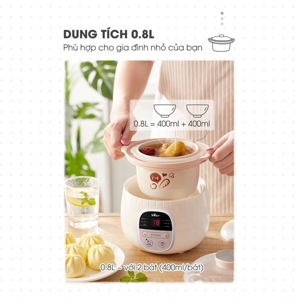 Nồi nấu chậm Bear 0.8L SUBE001 (3 màu xanh - hồng - vàng) nấu cháo, chưng yến, hầm rau củ - Ảnh 4