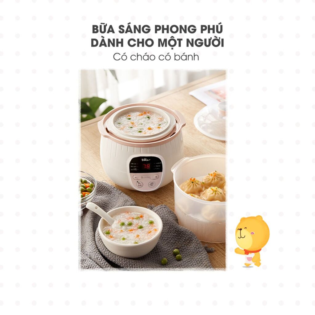 Nồi nấu chậm Bear 0.8L SUBE001 (3 màu xanh - hồng - vàng) nấu cháo, chưng yến, hầm rau củ - Ảnh 5