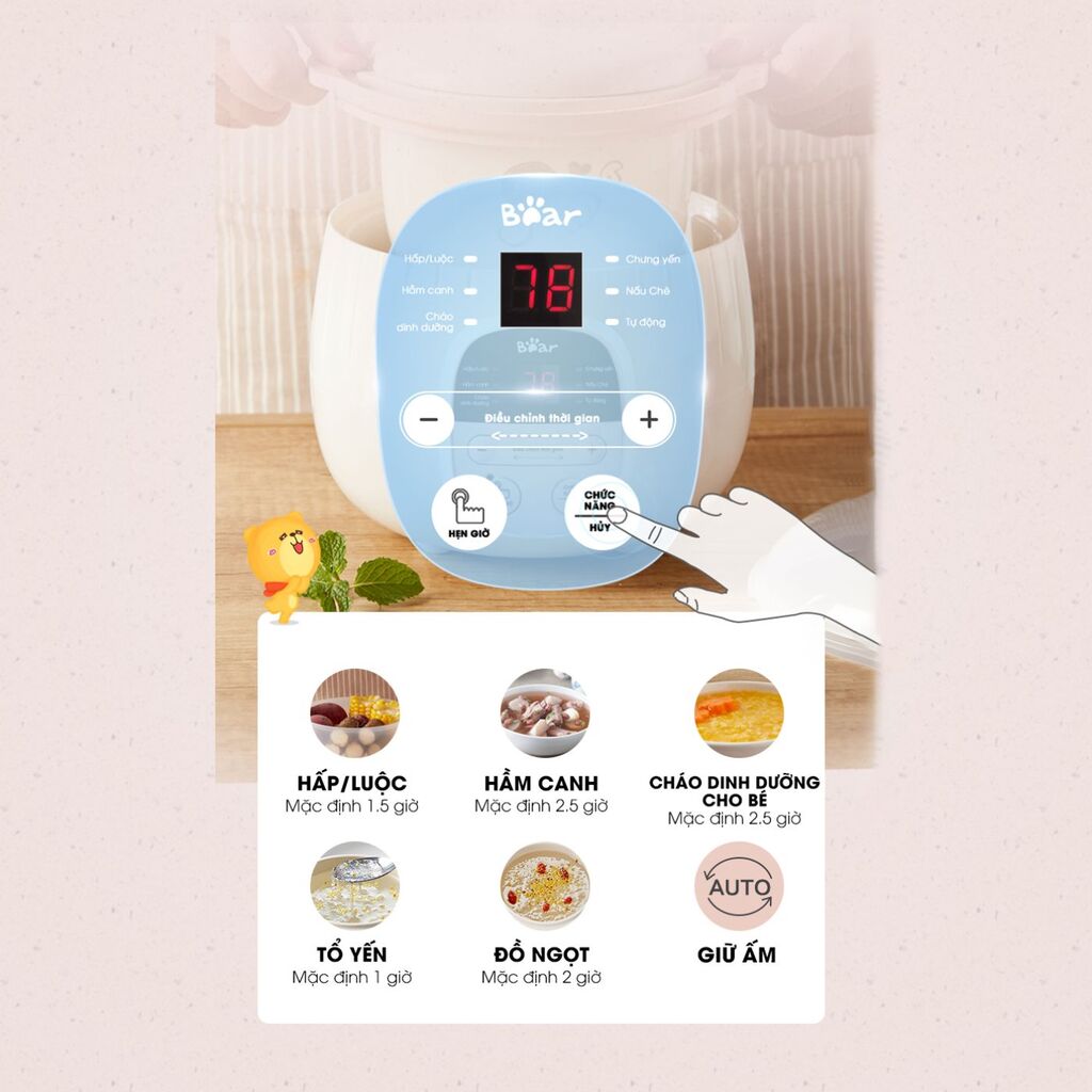 Nồi nấu chậm Bear 0.8L SUBE001 (3 màu xanh - hồng - vàng) nấu cháo, chưng yến, hầm rau củ - Ảnh 6