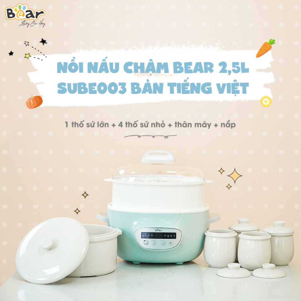 Nồi Nấu Chậm 2,5L Bear SUBE003 Chính Hãng Đa Năng Nấu Cháo, Chưng Yến Bản Tiếng Việt