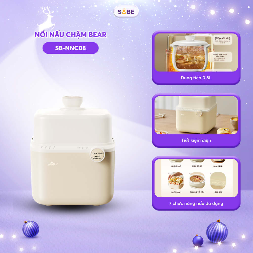 Nồi Nấu Chậm Bear 0,8L SB-NNC08 Bản Mới 7 Chế Độ Nấu Chưng Yến, Hầm Hấp Ninh C…