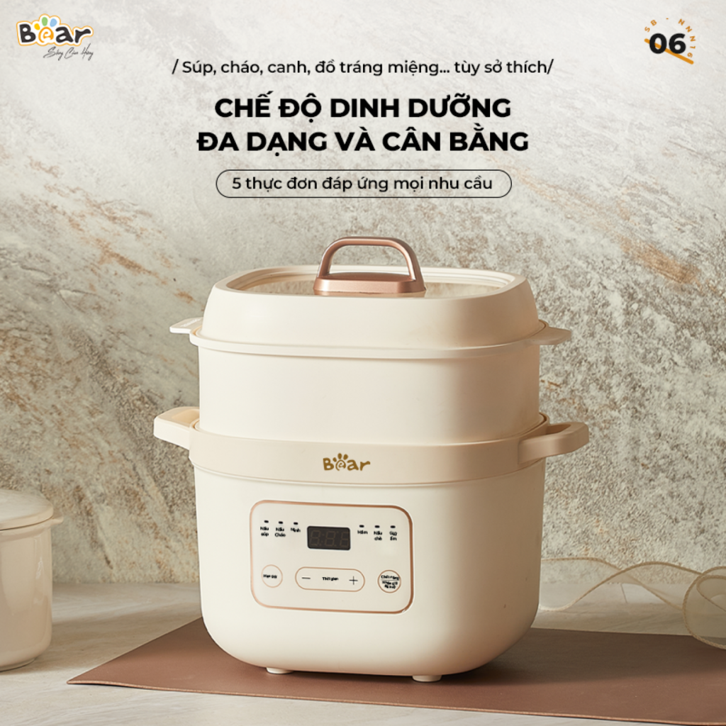 Nồi Nấu Chậm Bear 1,6L  SB-NNC16 Đa Năng 6 Chế Độ Ninh Nấu Hầm Hấp Tiết Kiệm Thời Gian Giữ Trọn Chất