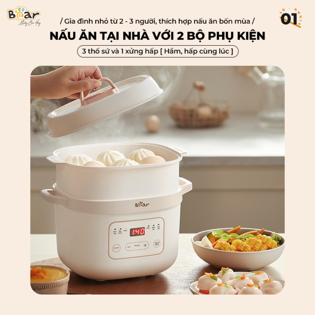 Nồi Nấu Chậm Bear 1,6L  SB-NNC16 Đa Năng 6 Chế Độ Ninh Nấu Hầm Hấp Tiết Kiệm Thời Gian Giữ Trọn Chất - Ảnh 2