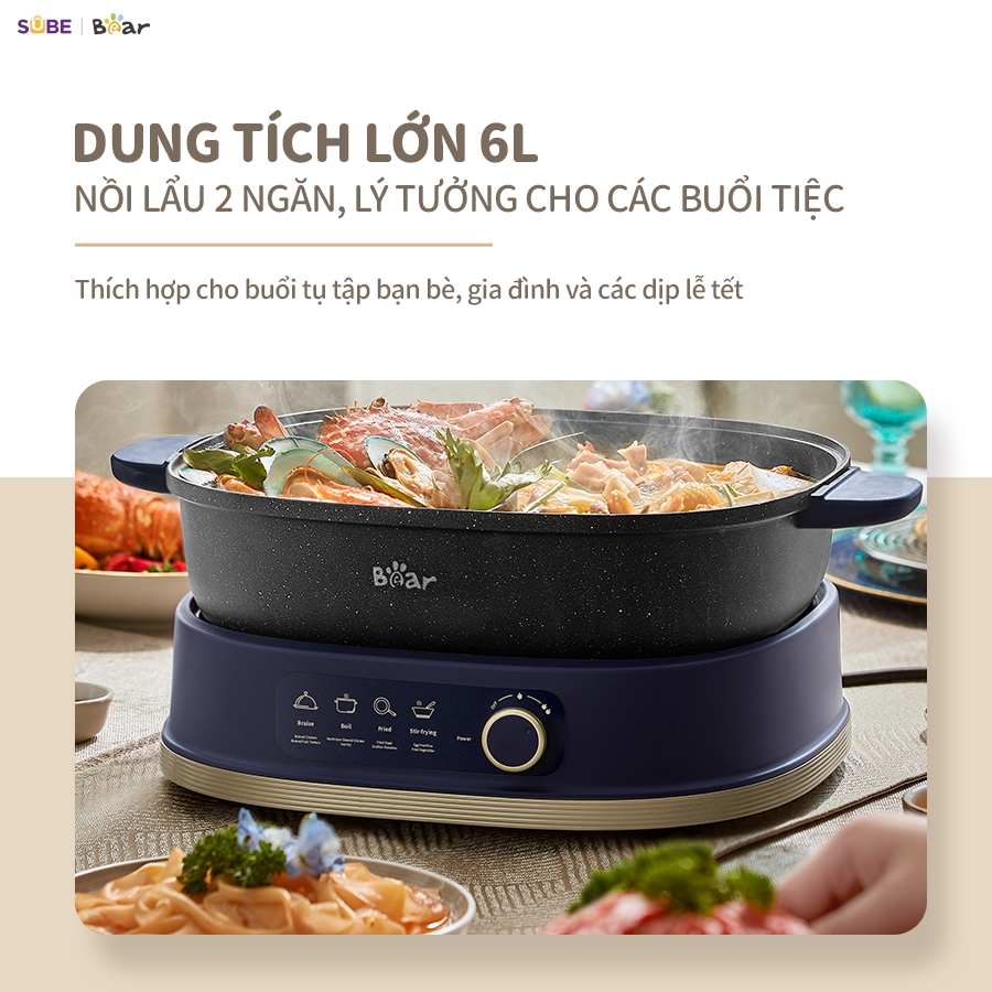 Nồi Lẩu 2 Ngăn Bear Đa Năng NL60U Chế Độ Nấu Lẩu Hầm Ninh Chiên Rán Xào Chống Dính Cực Tốt