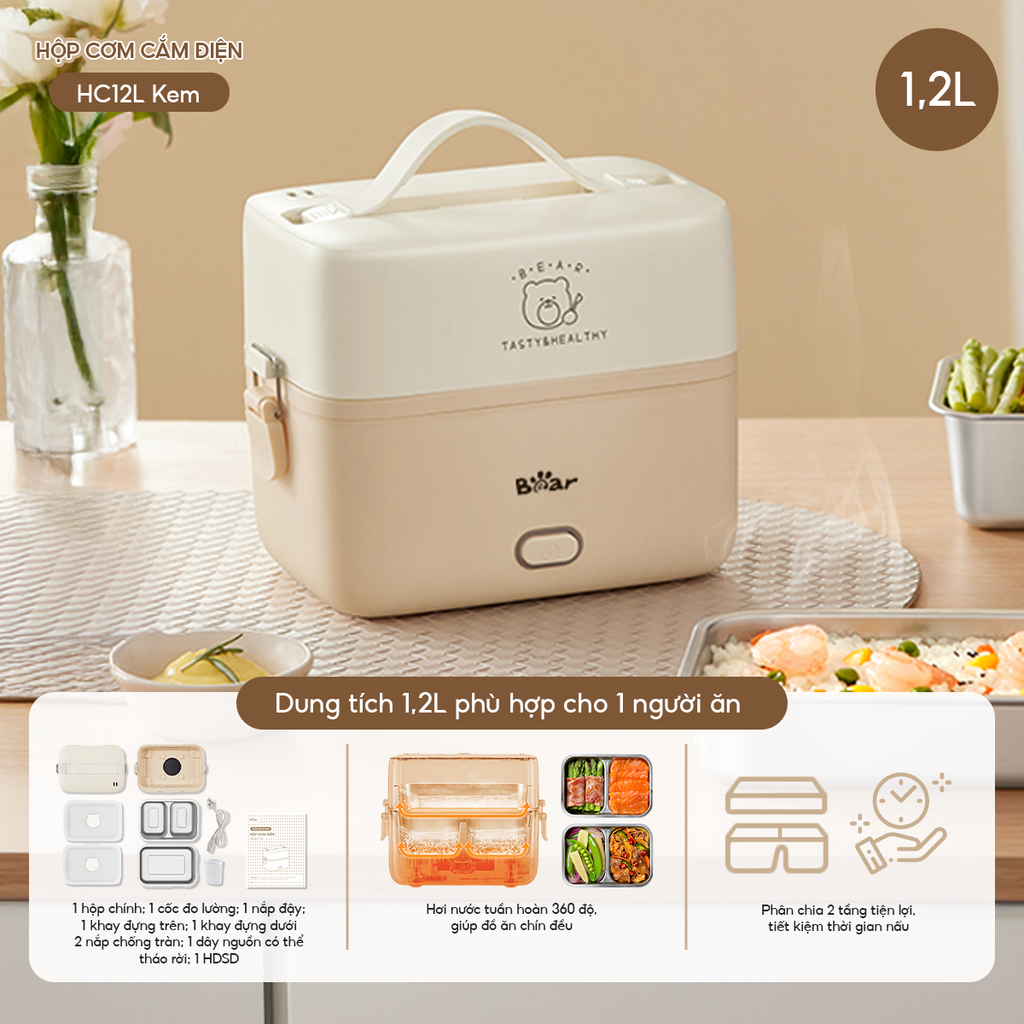 Hộp Cơm Cắm Điện Bear 2 Tầng 3 Ngăn Hâm Nóng Cực Nhanh Inox 304 An Toàn SB-HC12L - Ảnh 9