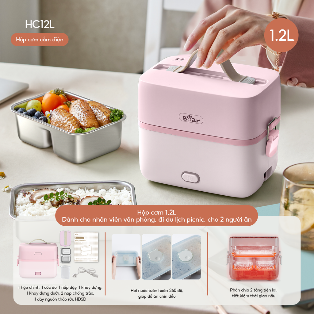 Hộp Cơm Cắm Điện Bear 2 Tầng 3 Ngăn Hâm Nóng Cực Nhanh Inox 304 An Toàn SB-HC12L - Ảnh 8