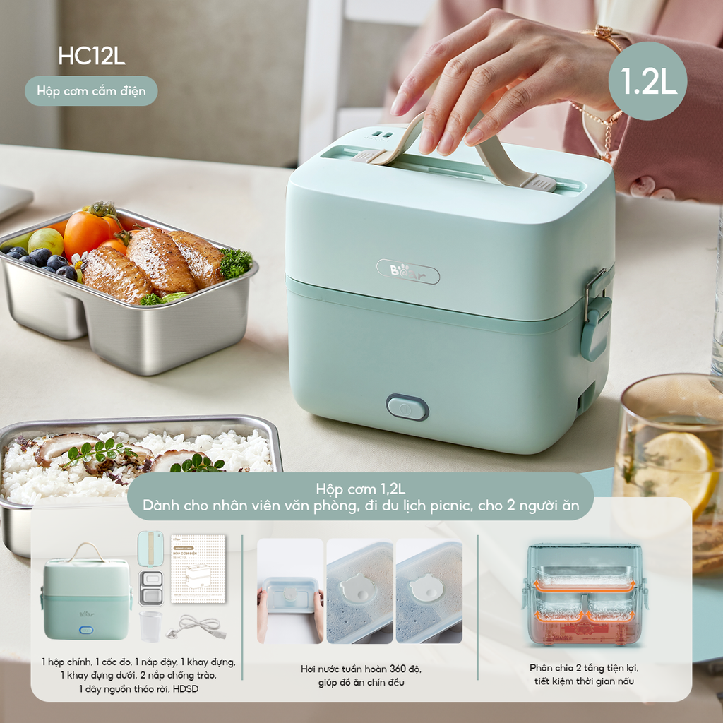 Hộp Cơm Cắm Điện Bear 2 Tầng 3 Ngăn Hâm Nóng Cực Nhanh Inox 304 An Toàn SB-HC12L - Ảnh 10