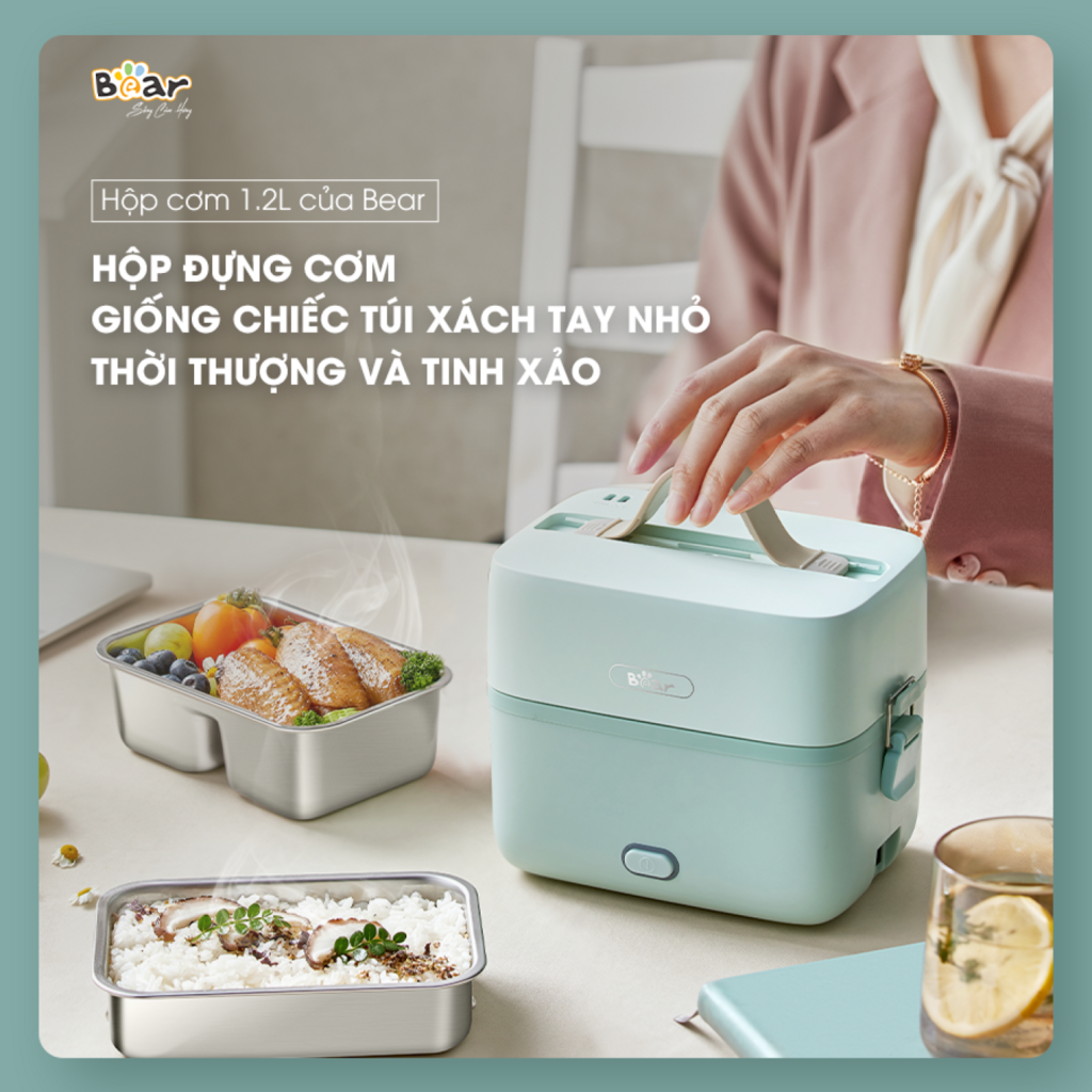 Hộp Cơm Cắm Điện Bear 2 Tầng 3 Ngăn Hâm Nóng Cực Nhanh Inox 304 An Toàn SB-HC12L