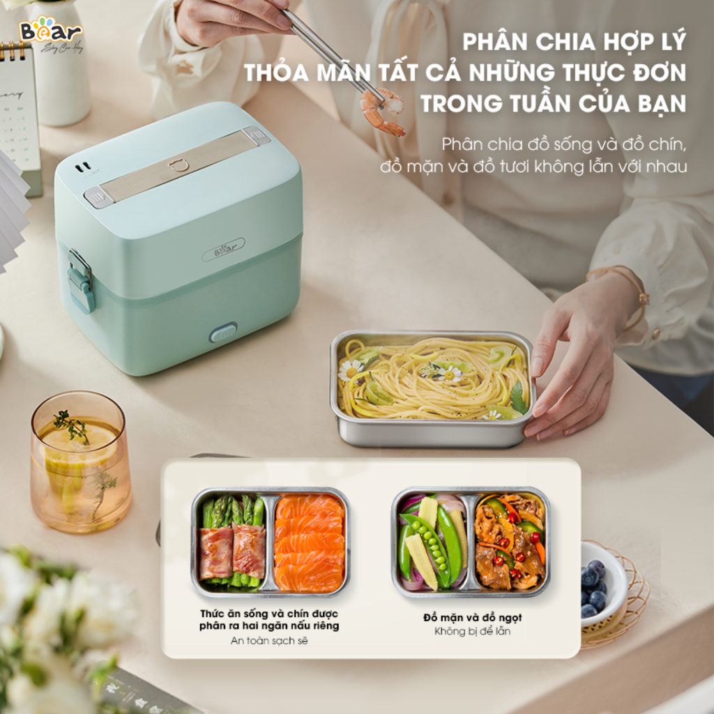 Hộp Cơm Cắm Điện Bear 2 Tầng 3 Ngăn Hâm Nóng Cực Nhanh Inox 304 An Toàn SB-HC12L - Ảnh 4