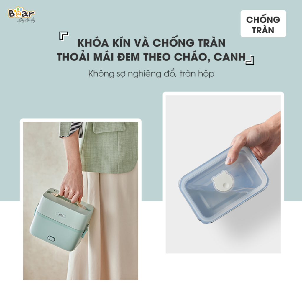 Hộp Cơm Cắm Điện Bear 2 Tầng 3 Ngăn Hâm Nóng Cực Nhanh Inox 304 An Toàn SB-HC12L - Ảnh 5