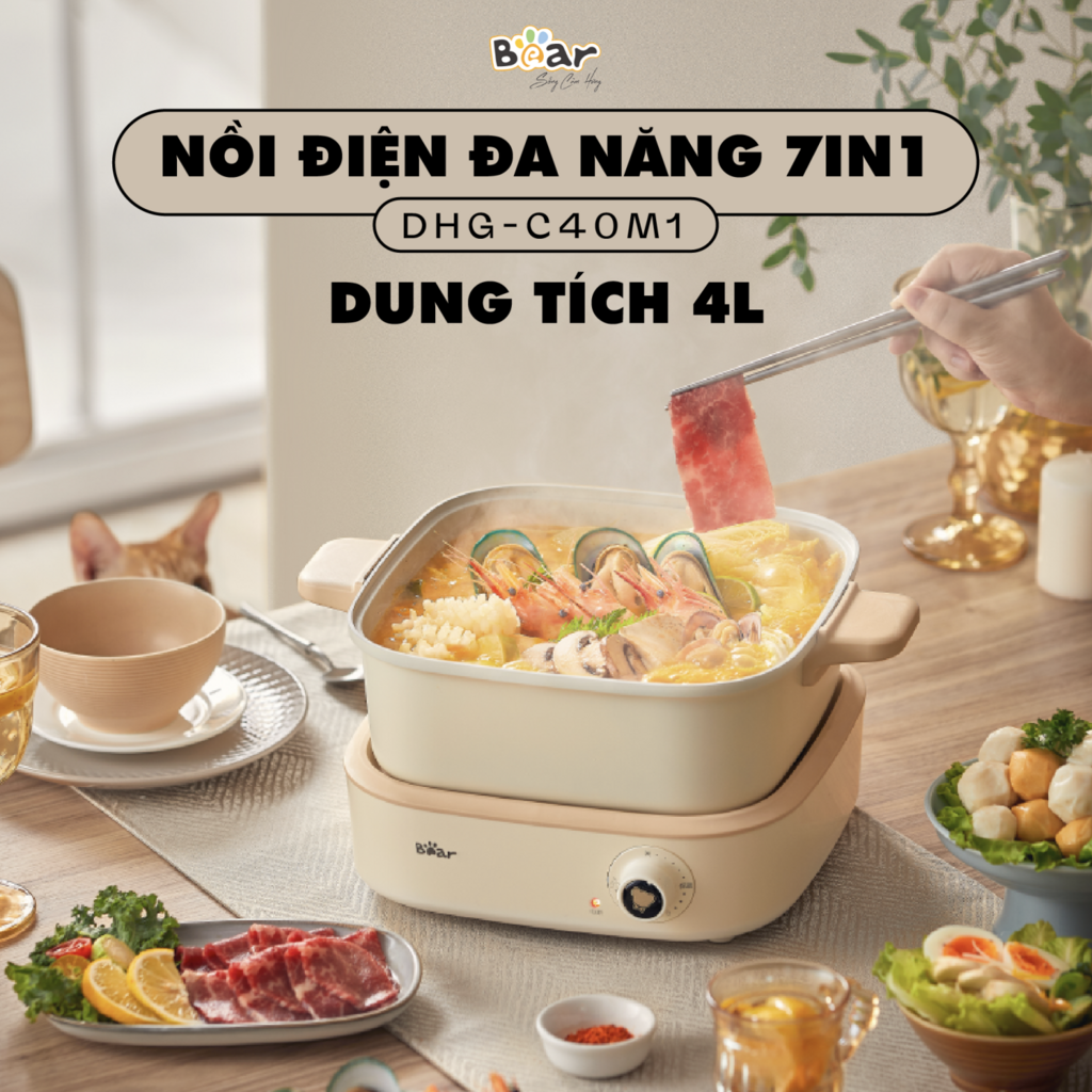 Nồi Lẩu Điện BEAR đa năng 7 trong 1 chống dính, cao cấp, nấu lẩu, thịt nướng DHG-C40M1 - Ảnh 7