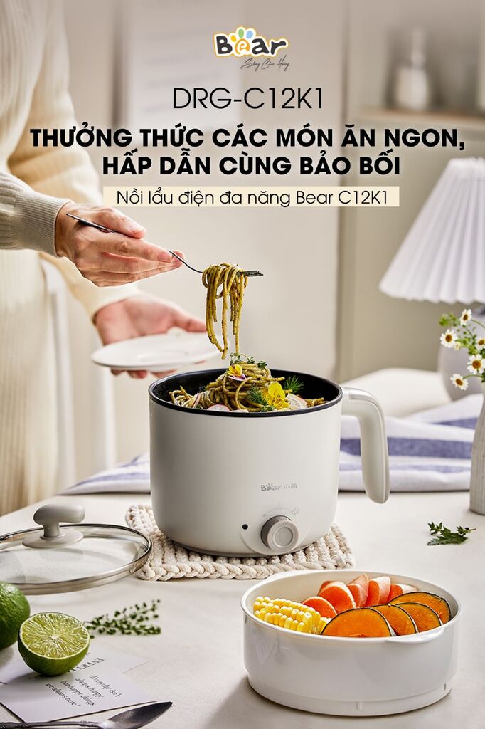 Nồi Lẩu Mini Bear Đa Năng Ca Nấu Mì, Hấp, Luộc, Xào 2 Tầng Phù Hợp Một Người, Sinh Viên - DRG-C12K1 - Ảnh 2