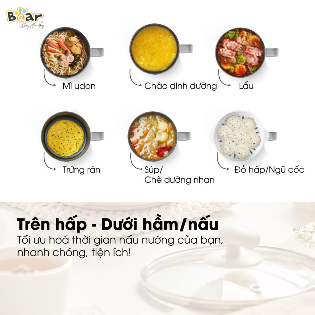 Nồi Lẩu Mini Bear Đa Năng Ca Nấu Mì, Hấp, Luộc, Xào 2 Tầng Phù Hợp Một Người, Sinh Viên - DRG-C12K1 - Ảnh 6