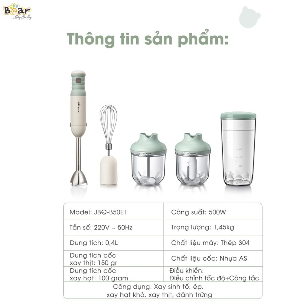 (GIÁ ĐẶC BIỆT) Bộ Máy Xay BEAR Đa Năng, Xay tỏi ớt, Đánh Trứng Cầm Tay Tiện Lợi - JBQ-B50E1 - Ảnh 2