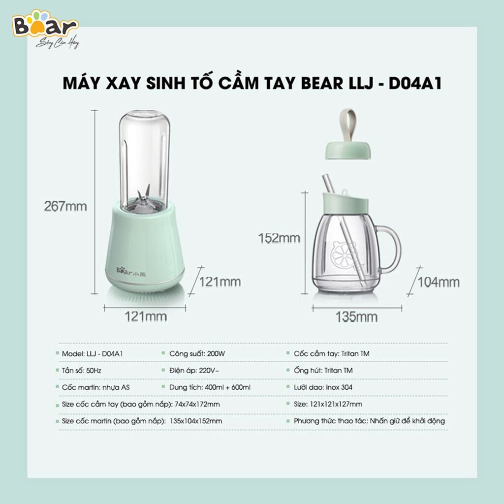 (GIÁ ĐỘC QUYỀN) Máy Xay Sinh Tố Cầm Tay Bear, Xay Hoa Quả Công Suất Lớn, Chất Liệu An Toàn LLJ-D04A1 - Ảnh 3
