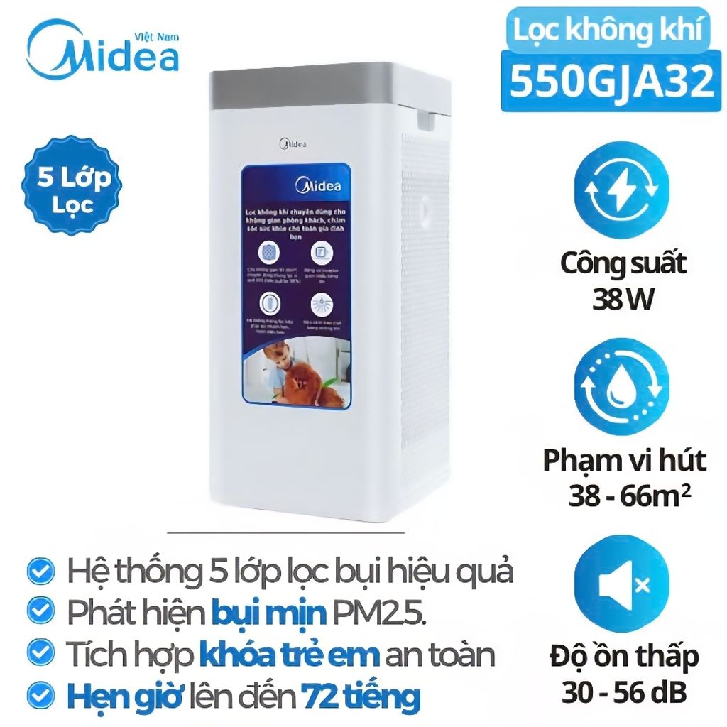 Máy lọc không khí Midea MAP-550GJA32 công suất 38W, 5 lớp lọc.