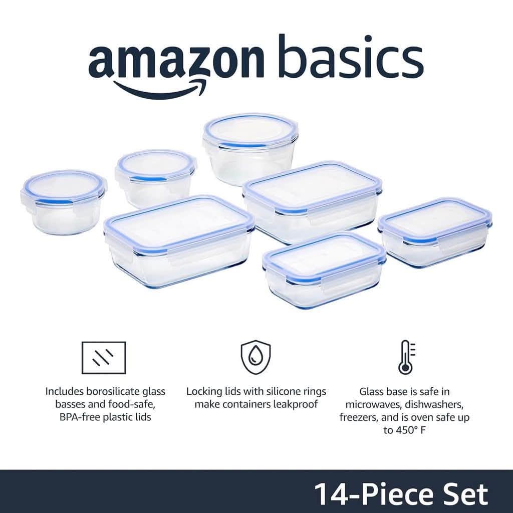 Bộ hộp thuỷ tinh đựng thực phẩm 14 món Amazon Basics ( Mỹ ), siêu chịu nhiệt