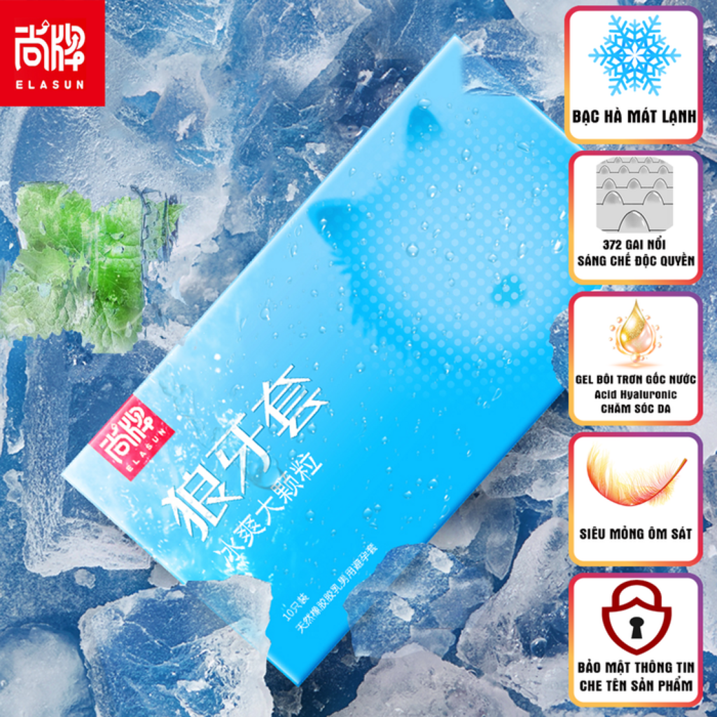 BCS Elasun 372 gai nổi cao, siêu mỏng, bạc hà mát lạnh, gel bôi trơn gốc nước chăm sóc da, hộp 10