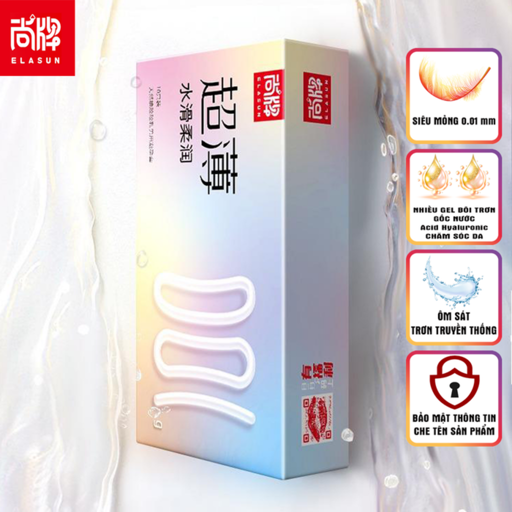 BCS Elasun 0.01, truyền nhiệt, trơn truyền thống, ôm sát, gel bôi trơn gốc nước chăm sóc da, hộp 10