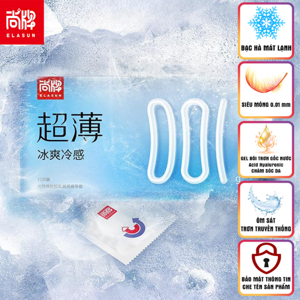 BCS Elasun 0.01mm, bạc hà mát lạnh, trơn truyền thống, gel bôi trơn gốc nước chăm sóc da, hộp 10