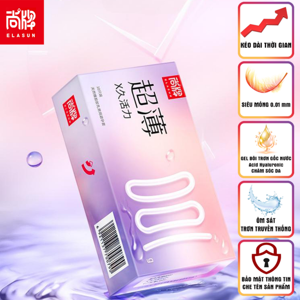 BCS Elasun 0.01mm siêu mỏng, kéo dài thời gian, ôm sát, gel bôi trơn gốc nước chăm sóc da, hộp 10