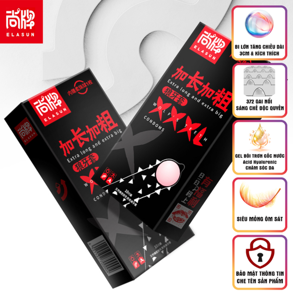 BCS Elasun XXL +3cm, gai nổi cao, siêu mỏng, gel bôi trơn gốc nước chăm sóc da, hộp 10