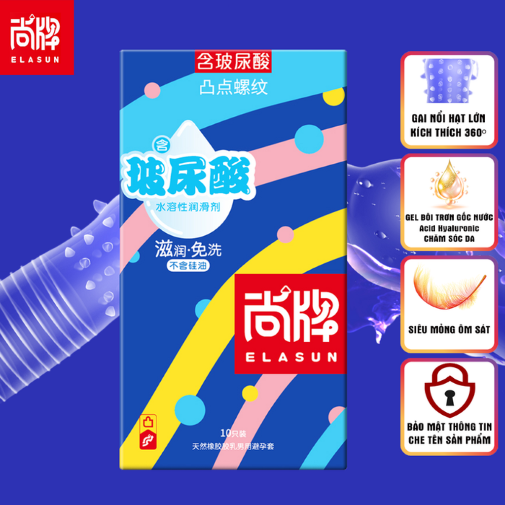BCS Elasun gai nổi chấm bi 360 độ, siêu mỏng, gel bôi trơn gốc nước chăm sóc da, hộp 10