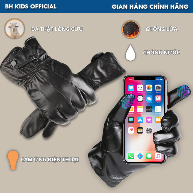 Găng tay da thật BH Kids chống nước, lửa, chống nắng, chống gió, đi mưa dành cho nam,nữ, có cảm ứng