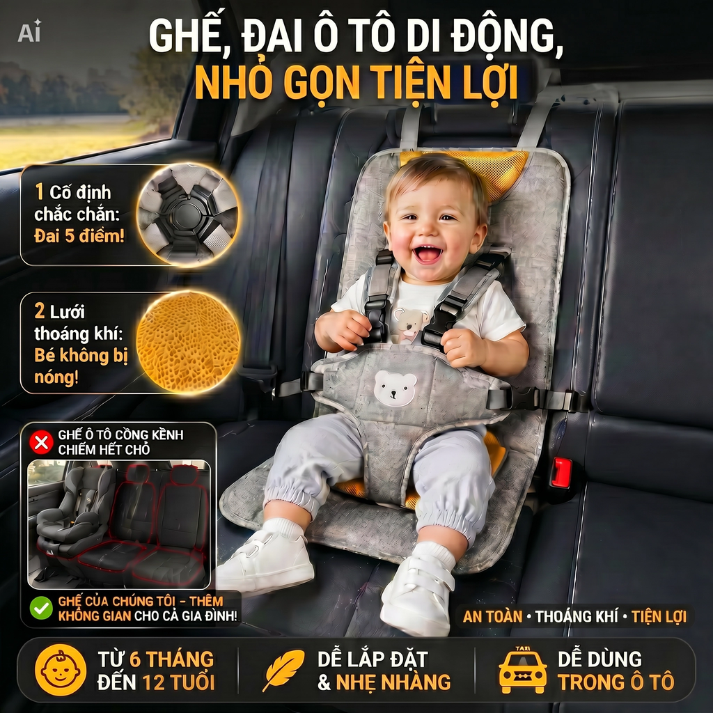Đai, ghế ngồi ô tô BH Kids di động, nhỏ gọn, tiện lợi, an toàn cho bé từ 6 tháng -12 tuổi, dễ dàng s