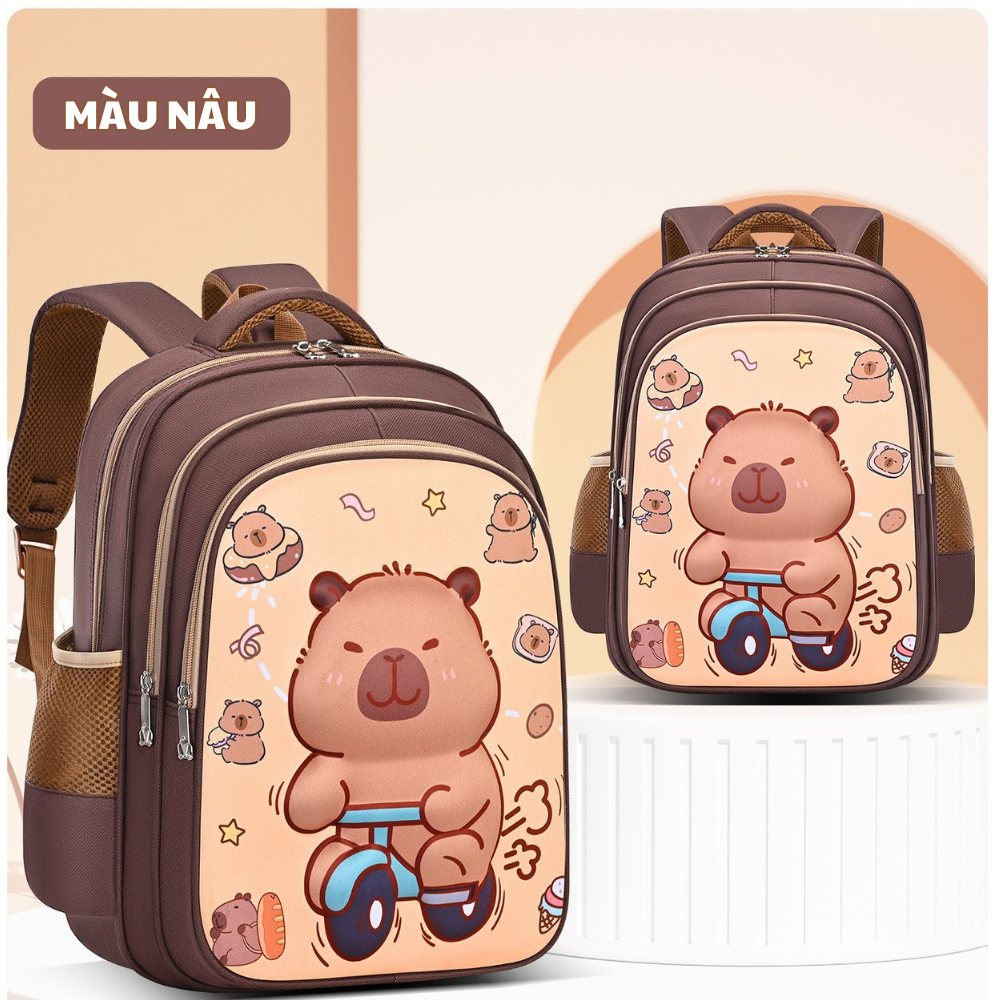 Balo Capybara hoạt hình 3D nổi, nhiều ngăn, chất liệu Polyester chống thấm nước, phù hợp cho bé tiểu