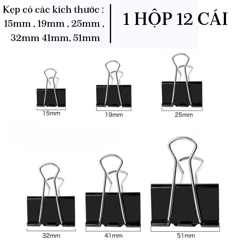 Kẹp tài liệu đen (1 hộp = 12 cái), Kẹp bướm, Kẹp văn phòng 15mm - 19mm - 25mm - 32mm - 41mm - 51mm