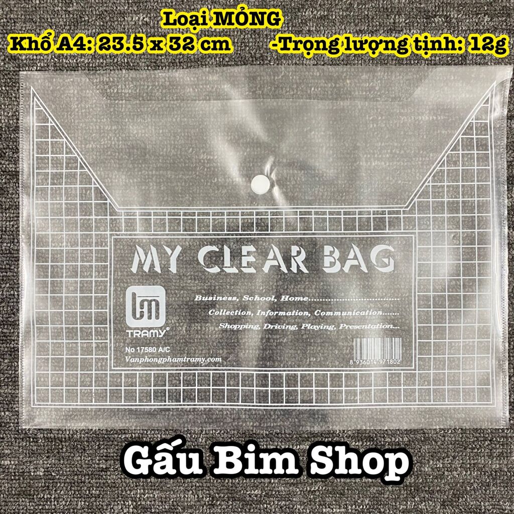 100 Túi Cúc Bấm (Clear Bag) loại mỏng nhất khổ A4 - 23.5 x 32 cm