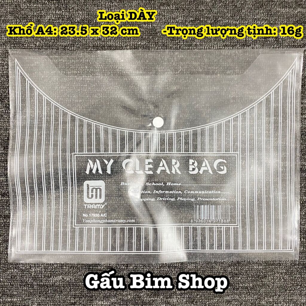 100 Túi cúc bấm (Clear Bag) Dày - khổ A4: 23.5 x 32 cm