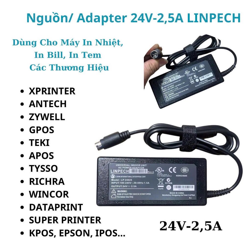 Bộ nguồn Adapter 24V - 2.5A Linpech cho máy in nhiệt Xprinter đầu ra 3 chân