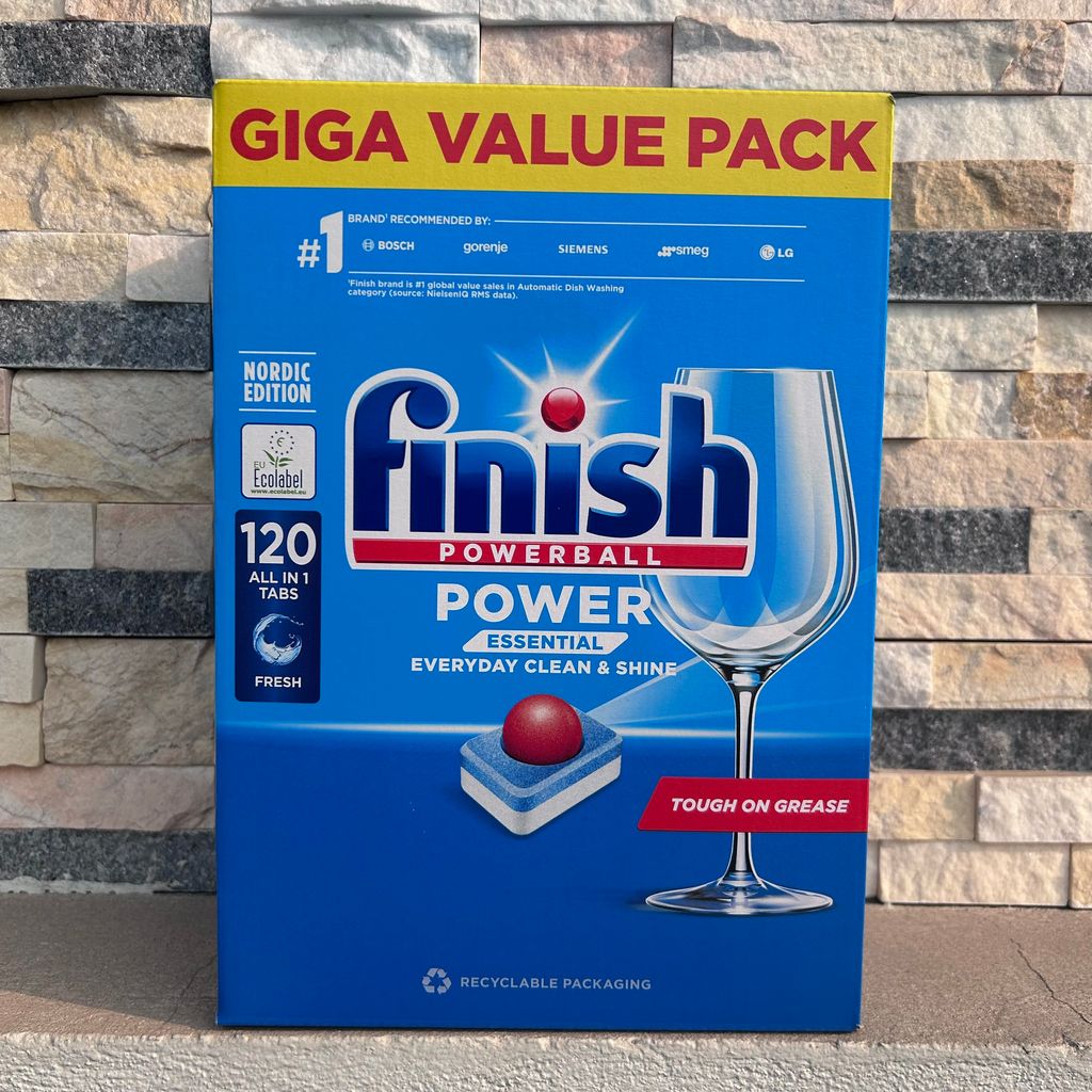 Viên rửa bát Finish Essential ( 3 trong 1) all in 1, hộp 120 viên có nhãn Eu Ecolabel.