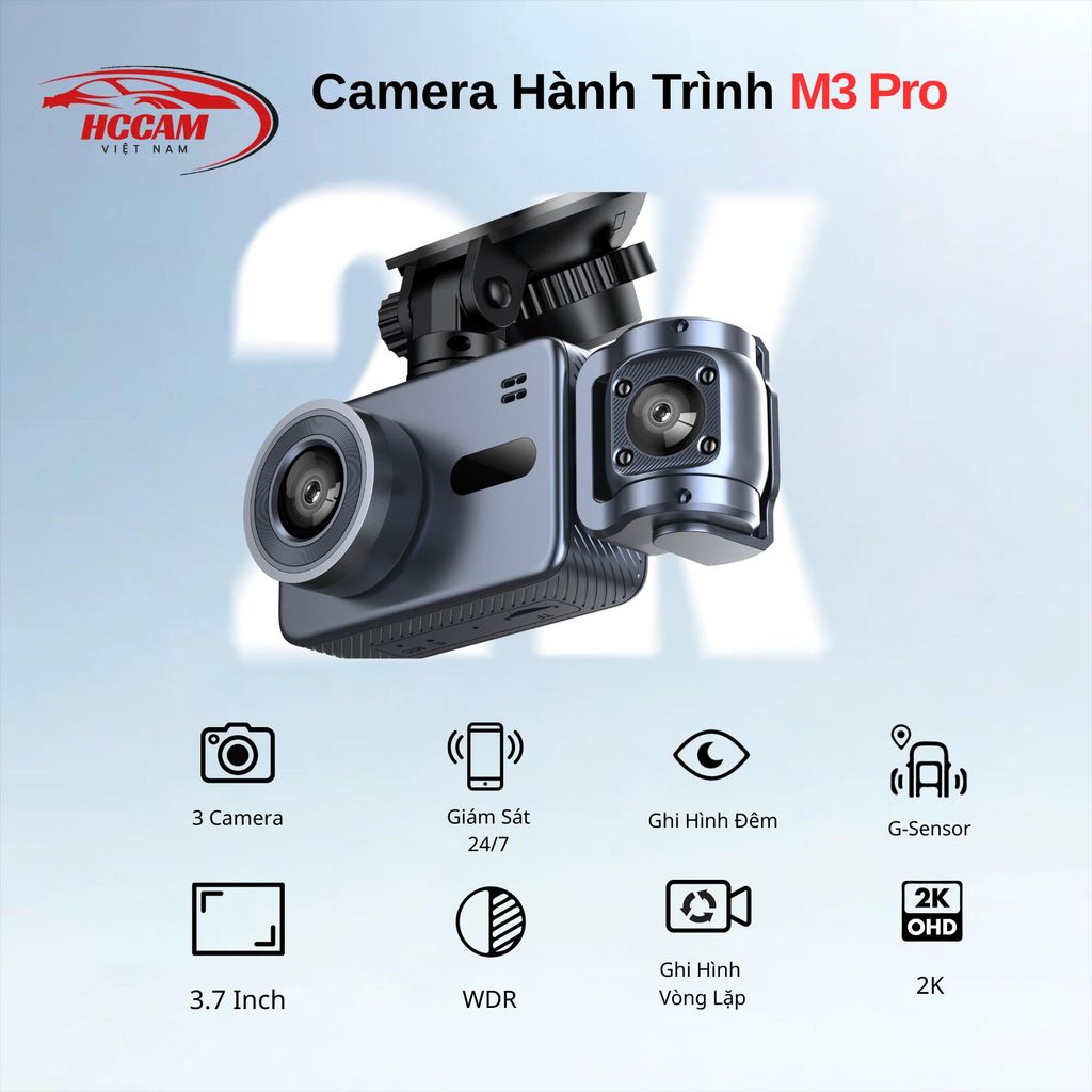 Camera Hành Trình Ô Tô 3 Mắt M3 Pro Hãng HCCAM - Quay 2K Ultra hd – quay ban đêm, ghi hình vòng lặp