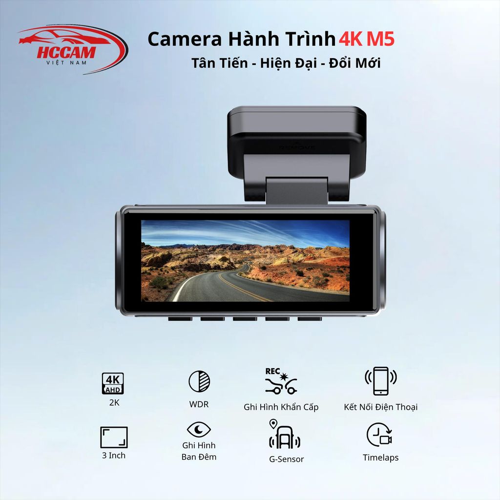 Camera hành trình Ôtô HCCAM Việt Nam M5 Ghi hình 2 kênh 4K siêu nét, trích xuất file dễ dàng