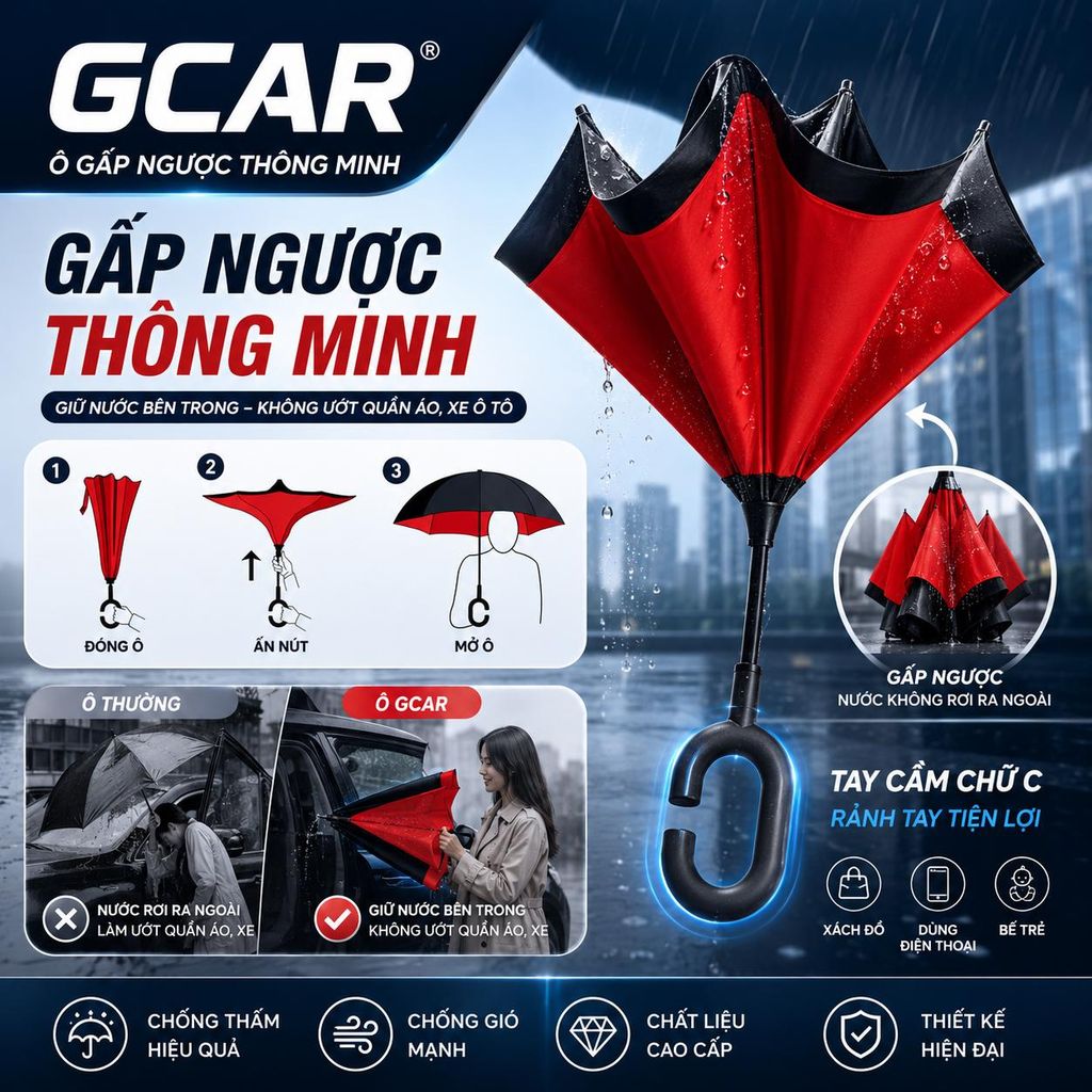 Ô Dù Gấp Ngược 2 lớp (hàng loại 1) - bán chạy Mùa Mưa 