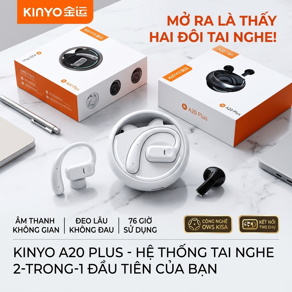 Tai nghe KINYO A20 PLUS, gồm 2 cặp tai nghe, dock xoay, chơi Pickleball, chạy bộ (màu trắng)