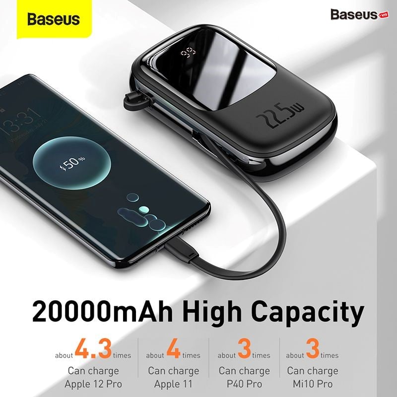 Pin dự phòng 20.000mAh Baseus Qpow sạc nhanh - liền cáp Type C